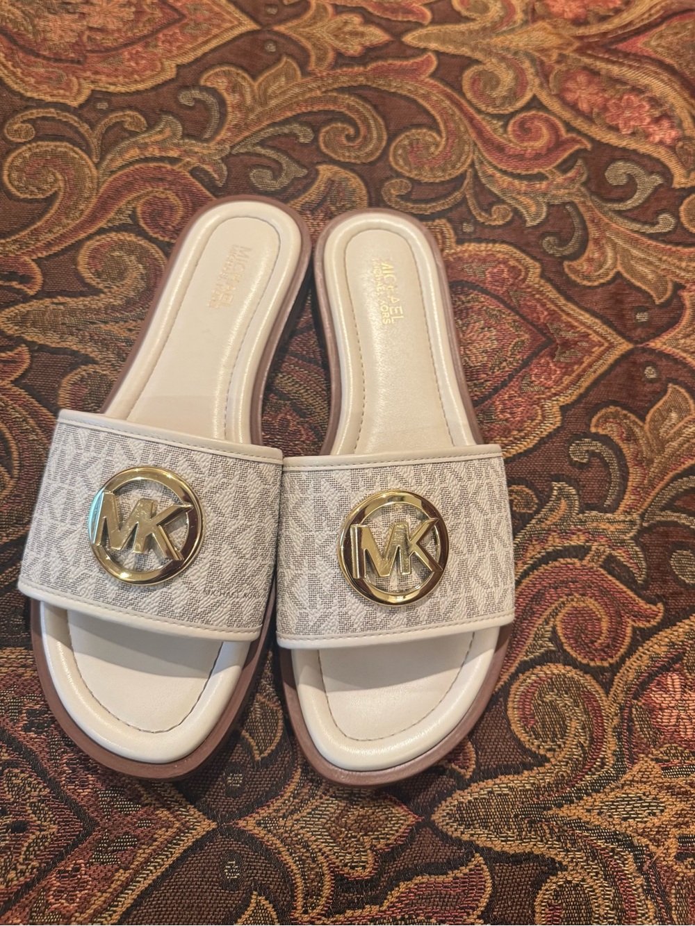 Michael Kors Logo Slide Sandals with Gold MK Medallion